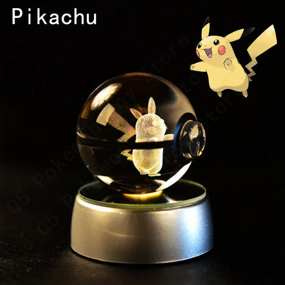 Pokemon 3D Crystal Ball Figurine — Pikachu, Gengar, Mew, Mewtwo Glass Statue with Lamp Base, Kids Birthday Gift