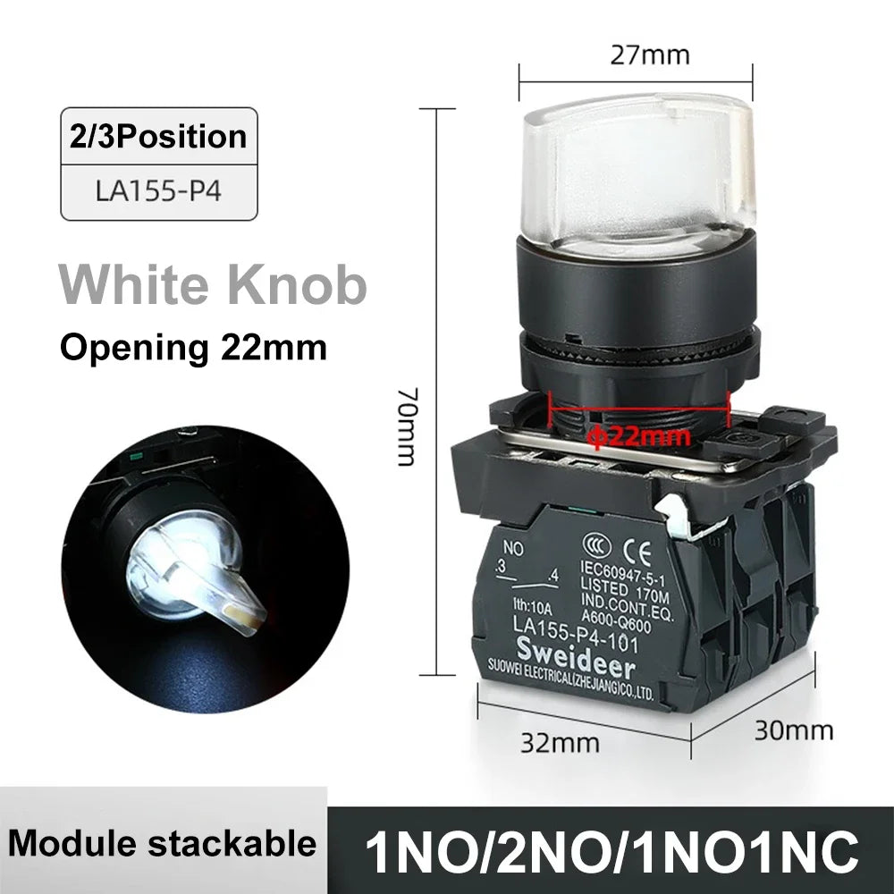 XB4 22mm LED Rotary Selector Switch – 1NO/2NO/1NO1NC Self-Locking 2/3 Position Control Knob 12V/24V/220V 10A Red Green Indicator
