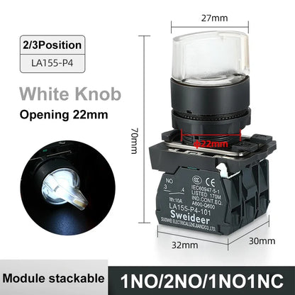 XB4 22mm LED Rotary Selector Switch – 1NO/2NO/1NO1NC Self-Locking 2/3 Position Control Knob 12V/24V/220V 10A Red Green Indicator
