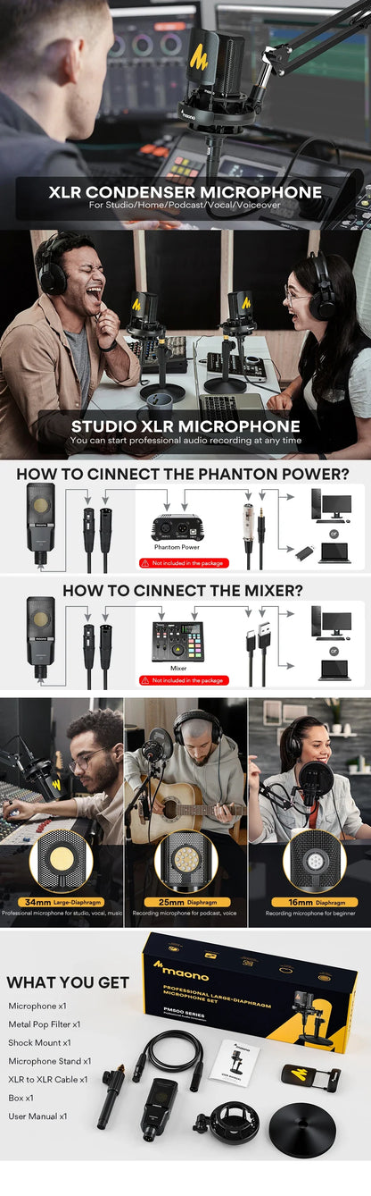Maono PM500T XLR Condenser Microphone – 34mm Large Diaphragm Cardioid Studio Mic for Recording, Podcasting & Streaming