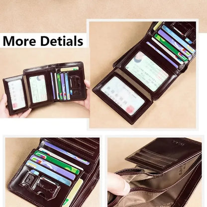 Men’s Genuine Leather RFID Blocking Trifold Wallet – Business Short Wallet with ID Window & Credit Card Holder Slim Men’s Purse Wallet