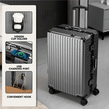 Aluminum Frame Rolling Luggage – 20/24/26/28 Inch Suitcase with USB Port, Combination Lock & Wheels