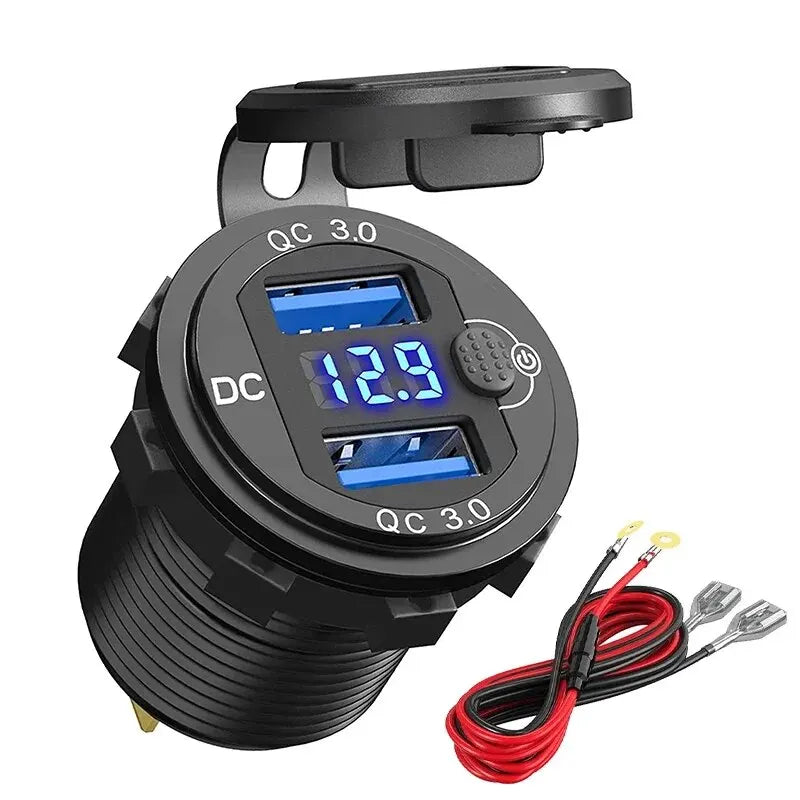 Quick Charger QC3.0 Dual USB Aluminum Car Charger - LED Voltage Display, Switch Button, for 12V/24V Cars, Boats, Motorcycles