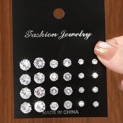 12 Pairs Luxurious Zirconia Earrings Set – Shiny Elegant Simple Stud Jewelry Gift for Parties, Couples & Daily Wear