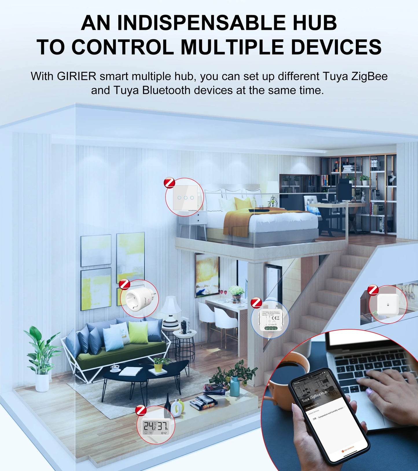 GIRIER Tuya ZigBee Gateway Hub with Antenna - Smart Wired Mesh Bridge for Home Automation, Alexa & Google Assistant Compatible