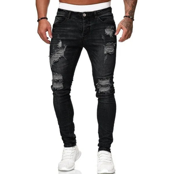 Men’s Retro Washed Stretch Denim Jeans – Slim Fit Zipper Casual Skinny Pencil Pants, Plus Size