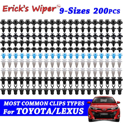 Erick’s Wiper 200-Pcs Auto Body Trim Clip Set – 9 Sizes Push Pin Rivets Bumper Retainers for Toyota Corolla, RAV4, Yaris, Prius, Lexus