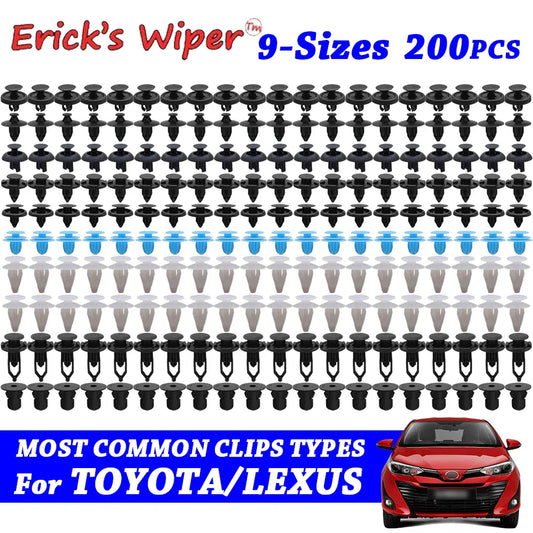 Erick’s Wiper 200-Pcs Auto Body Trim Clip Set – 9 Sizes Push Pin Rivets Bumper Retainers for Toyota Corolla, RAV4, Yaris, Prius, Lexus