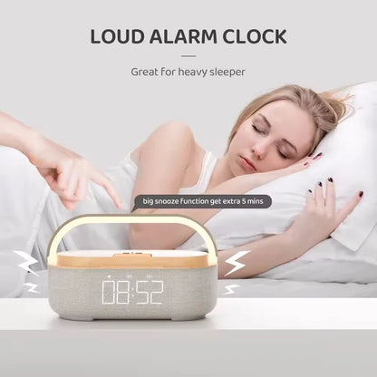 Portable Bluetooth Speaker with Wireless Charging — FM Radio, Alarm Clock, Music Sound Box, Night Light & Charger Lamp