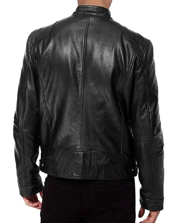 Men’s Slim Fit Motorcycle Leather Jacket – Short Lapel PU Zipper Windproof Coat for Autumn