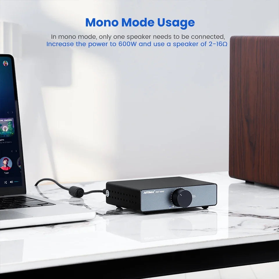 AIYIMA A07 MAX 2-Channel Class D Amplifier – 300W x2 TPA3255 Home Audio Stereo Amp, Bridgeable Mono 600W Power Speaker System