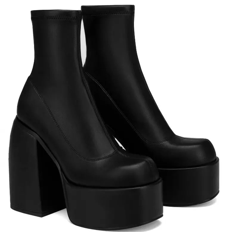 Women’s New Fashion Short Boots – Sexy Leather, Square Toe, Zipper High Heels, Casual Thick-Soled Shoes Zapatos