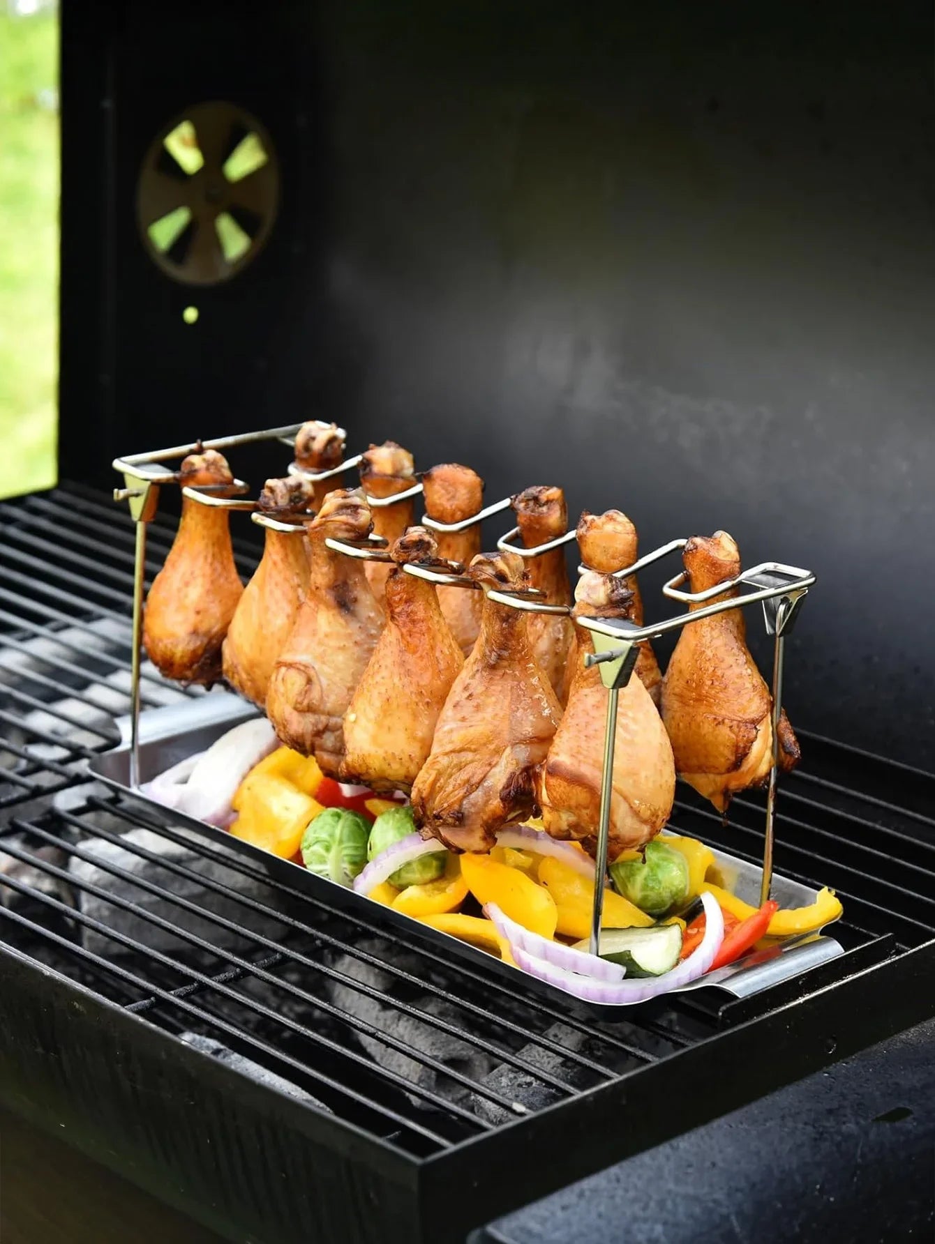 14-Slot Stainless Steel Chicken Leg Rack with Drip Tray – Heavy-Duty Grill & Smoker Wing/Drumstick Holder