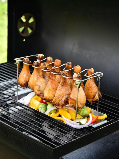 14-Slot Stainless Steel Chicken Leg Rack with Drip Tray – Heavy-Duty Grill & Smoker Wing/Drumstick Holder