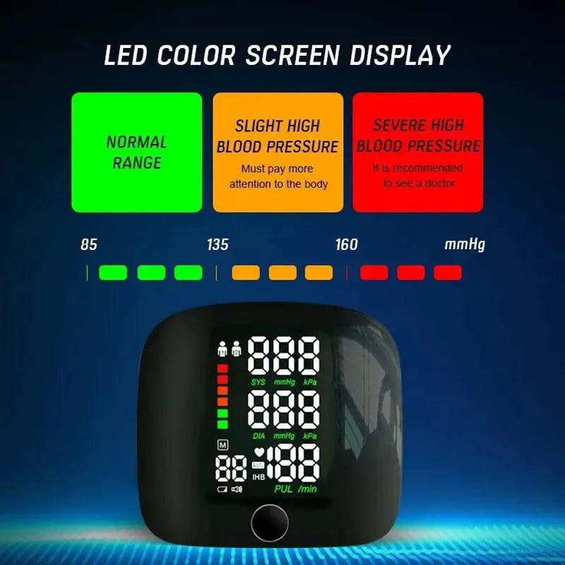 LED Rechargeable Wrist Blood Pressure Monitor – English, Russian, Portuguese, Spanish Voice Broadcast Tonometer