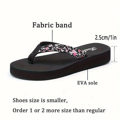 Women’s Floral Platform Flip Flops - Lightweight Non-Slip Breathable Open-Toe Beach Slippers