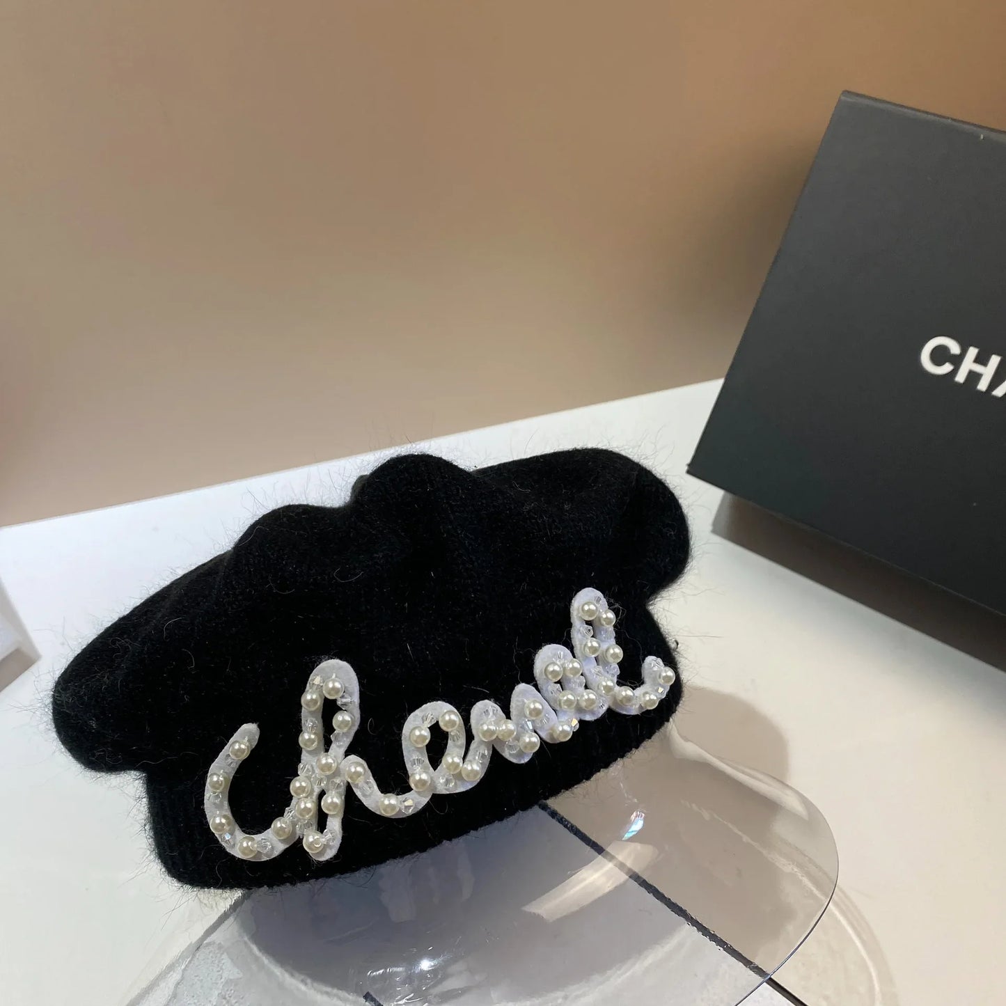 Luxury Fashion Letter Pearl Angora Fur Beret – Women's French Painter Hat, Warm Knitted Octagonal Walking Cap