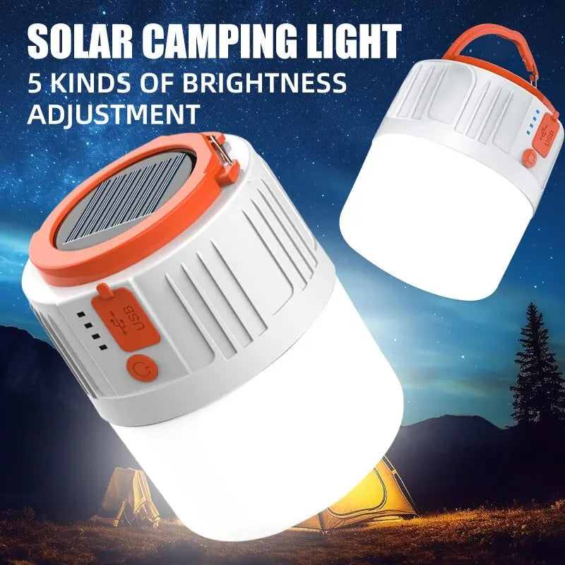 Solar LED Camping Light Bulb - USB Rechargeable with 5 Lighting Modes - Tent Hanging Bulb for Outdoor Hiking and Emergency Outages