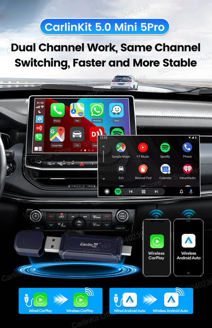 CarlinKit 5.0 Mini 5 Pro — Wireless CarPlay & Android Auto USB Dongle with WiFi & Bluetooth