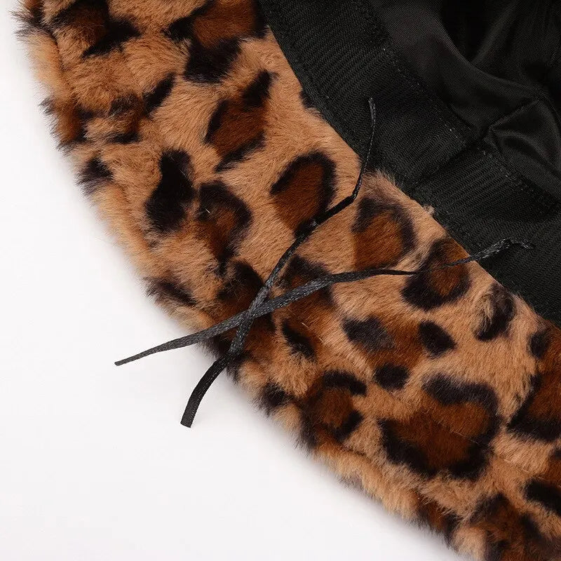 Women’s Winter Leopard Print Fisherman Hat – Versatile Plush Bucket Hat, Warm Pot-Style Headwear