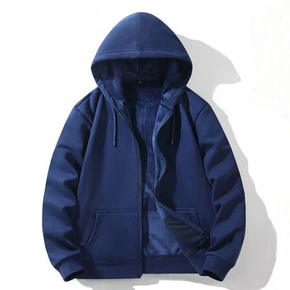 Zipper Hooded Sweatshirt – Autumn Winter Fleece-Lined Cotton Cardigan for Men & Women, Solid Color Y2K Style