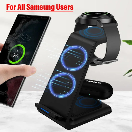 3 in 1 Wireless Charger Stand - Fast Charging Dock for Samsung Phones, Galaxy Watch 7/8/9, and AirPods Pro