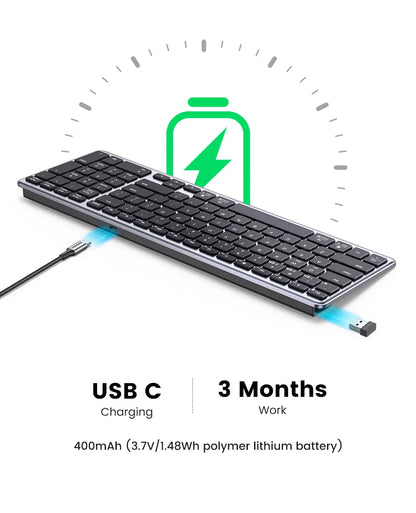 UGREEN Wireless Bluetooth 5.0 & 2.4G Keyboard – 99 Keycaps Russian/Korean/English, USB-C Rechargeable for MacBook, iPad, PC & Tablet