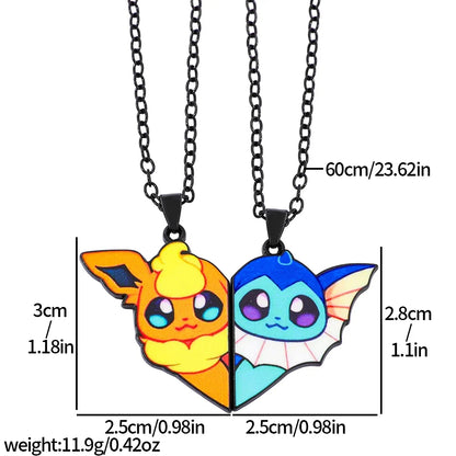 Eevee Pendant Necklace - 2-Piece Cute Cartoon Heart Patchwork Anime-Style Metal Jewelry Set