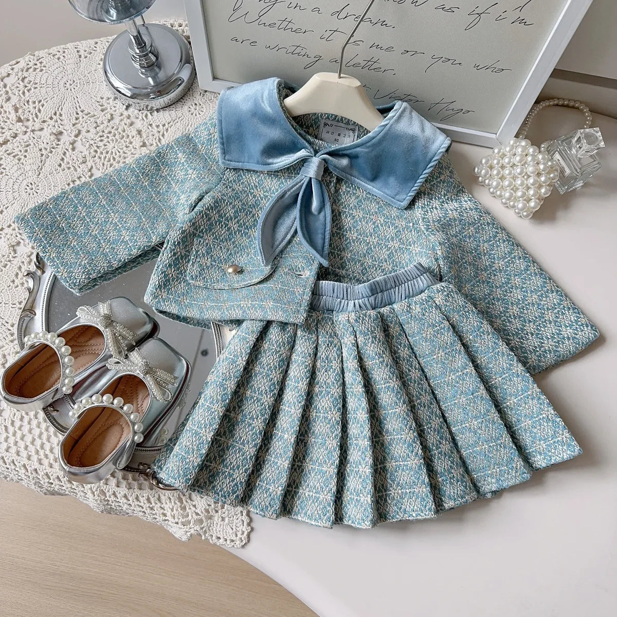Girls' French Style Spring & Autumn Set 2025 – Baby Girl Two-Piece Outfit with Little Coat & Folding Skirt