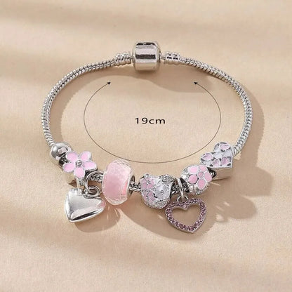 Obega Love Heart Flower Glass Pendant Charm Bracelet – Adjustable Pink & White Crystal Stone Bead Bracelet in Silver/Gold
