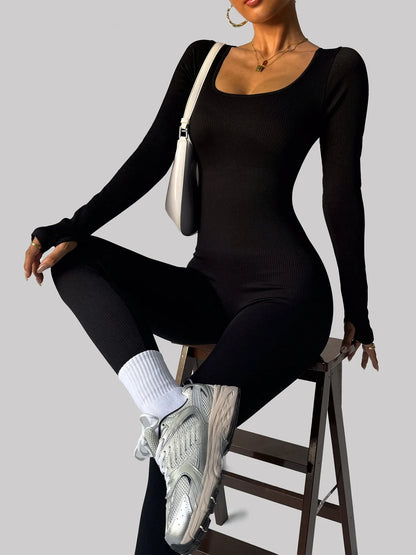 Women’s One-Piece Yoga Jumpsuit – Black Long-Sleeve Bodysuit, Sexy Streetwear & Casual Sportswear