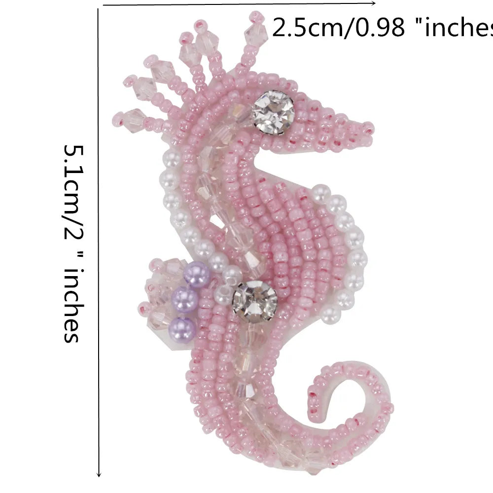 Marine Series Rhinestone Patches - Handmade Shell Starfish Seahorse Leaf Beaded Sewing Appliques for DIY Clothing