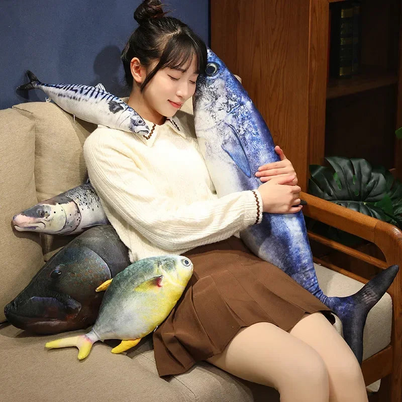 3D Realistic Fish Plush Pillow - Soft Tuna, Salmon & Grouper Stuffed Cushion Toy Gift