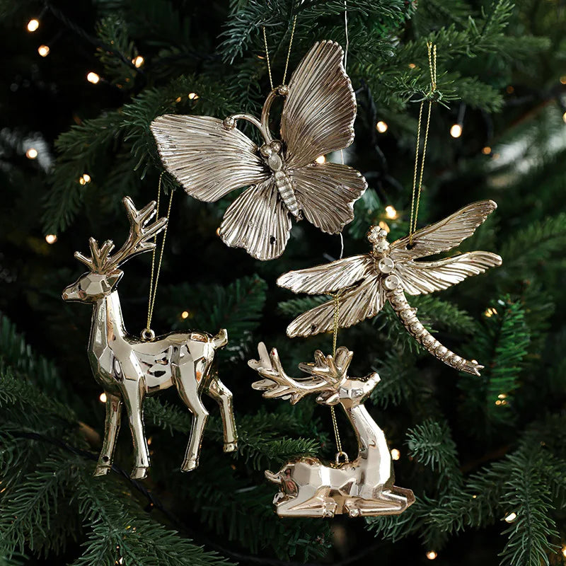 Christmas Tree Ornaments – Gold Plastic Balls with Butterfly, Dragonfly, Angel & Snowflake Decorations