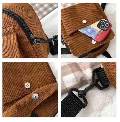 Women's Mini Backpack - Fashionable Solid Color Corduroy Casual Schoolbag with Large Capacity