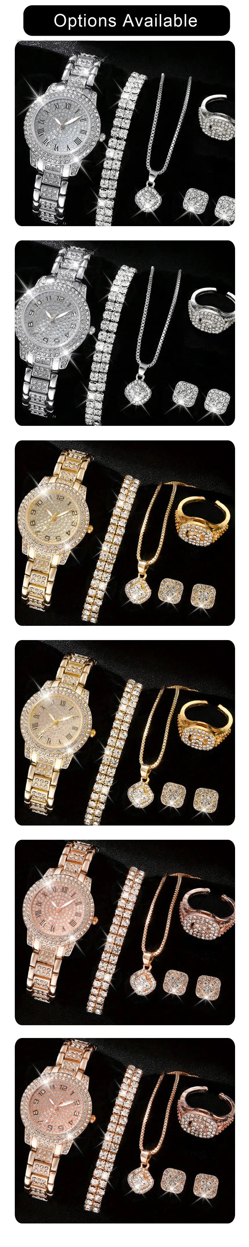 6PCS Women's Elegant Crystal Watch Set – Luxury Alloy Quartz Wristwatches with Rhinestone Bracelet, Perfect Gift for Ladies