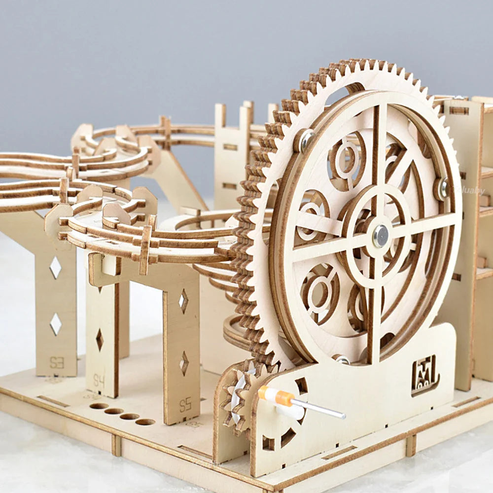 3D Wooden Puzzle DIY Mechanical Model Kit – Marble Run Set with 4 Balls, Assemble Toys for Adults & Kids, Unique Gifts