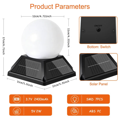 Solar Post Pillar Light - Round Ball Garden Lamp with Remote, Timer, Dimmer and 2400mAh Battery