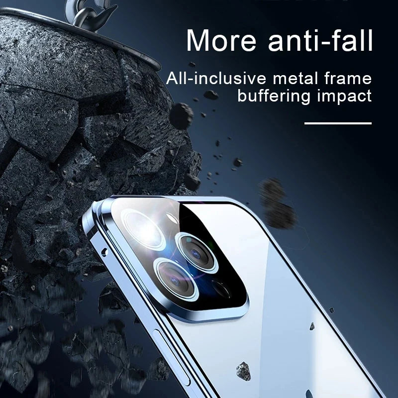 360° Full Protection Magnetic Metal Phone Case - Double Sided Glass Snap Lock Bumper Cover for iPhone 16 Pro Max 15 14 13 12 11 Pro Max