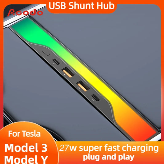 Tesla Model Y 2023 USB Hub 4-Port – 27W Fast Charger Smart Docking Station Adapter & Power Splitter Extension