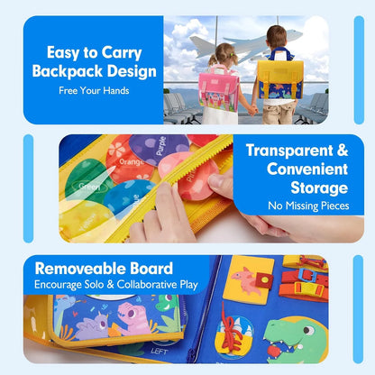 Toddler Montessori Busy Board – Dinosaur Dress-Up, Learning & Sensory Activities, Travel Toy & Life Skills Backpack