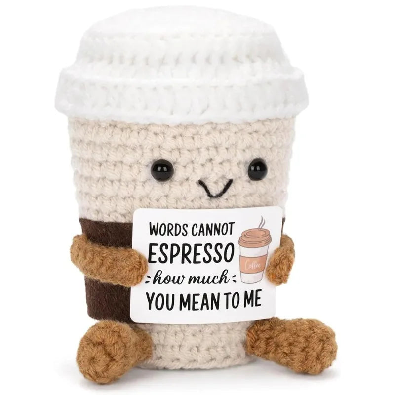 Handmade Crochet Coffee Doll – Funny Emotional Support Desktop Ornament & Christmas Gift