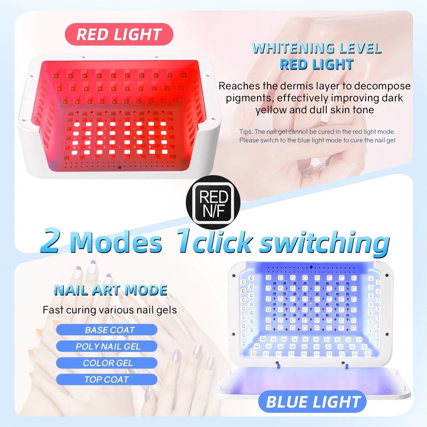 480W UV LED Nail Lamp – 108 LEDs Nail Dryer with Red Light Whitening Mode, Large Space, 4 Timer Settings