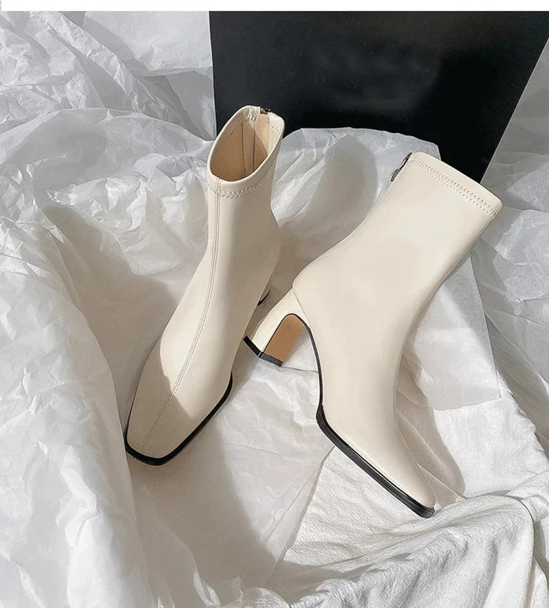 Vintage Warm Cotton Women’s Ankle Boots – Fashionable Square Toe, Elegant Autumn & Winter Short Booties with Thick Heel