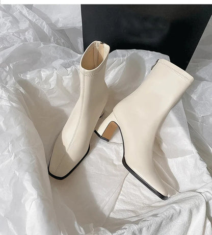 Vintage Warm Cotton Women’s Ankle Boots – Fashionable Square Toe, Elegant Autumn & Winter Short Booties with Thick Heel
