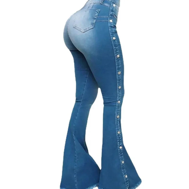 High Waist Stretch Flare Jeans - Vintage Button Front Floor Length Women's Denim Pants
