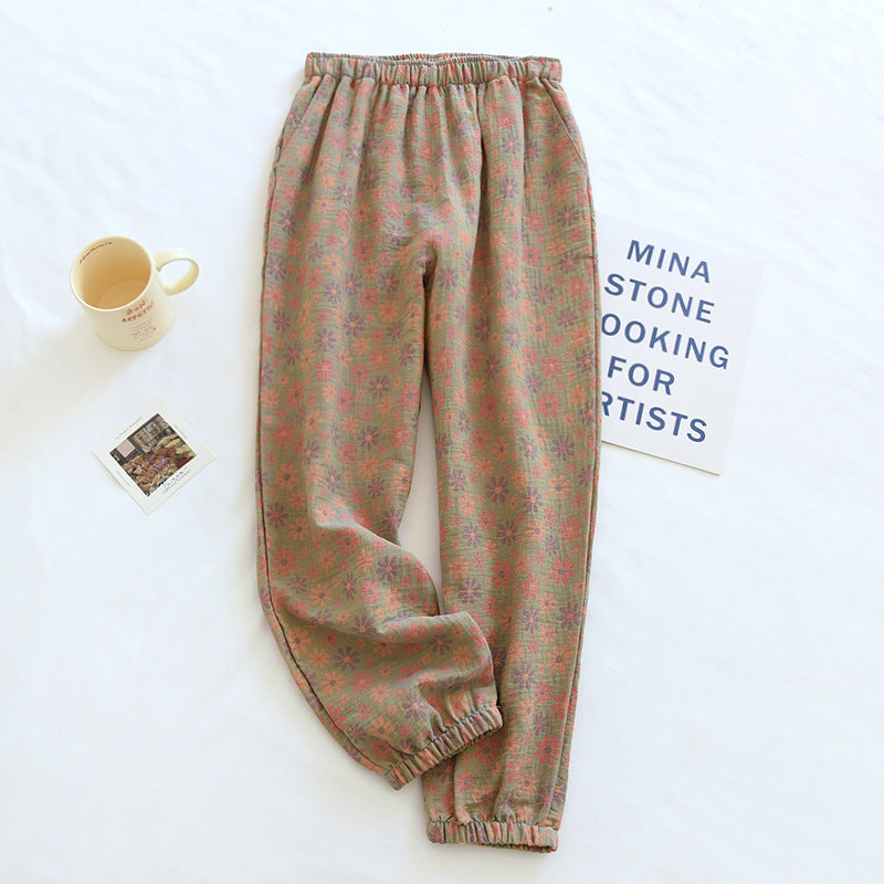 2025 Spring Summer Women's Pajama Pants – 100% Cotton Crepe Loose Fit Leaf Print Home Wear Bottoms