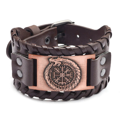 Totem Design Wide Leather Pirate Compass Bracelet - Men's Celtic Viking Jewelry, Party Gift Accessories