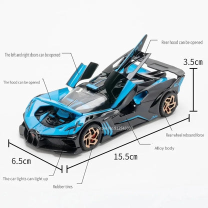 1/32 Bugatti Bolide Alloy Sports Car Model — Diecast Metal Vehicle with Sound & Light, Pull-Back Toy for Boys