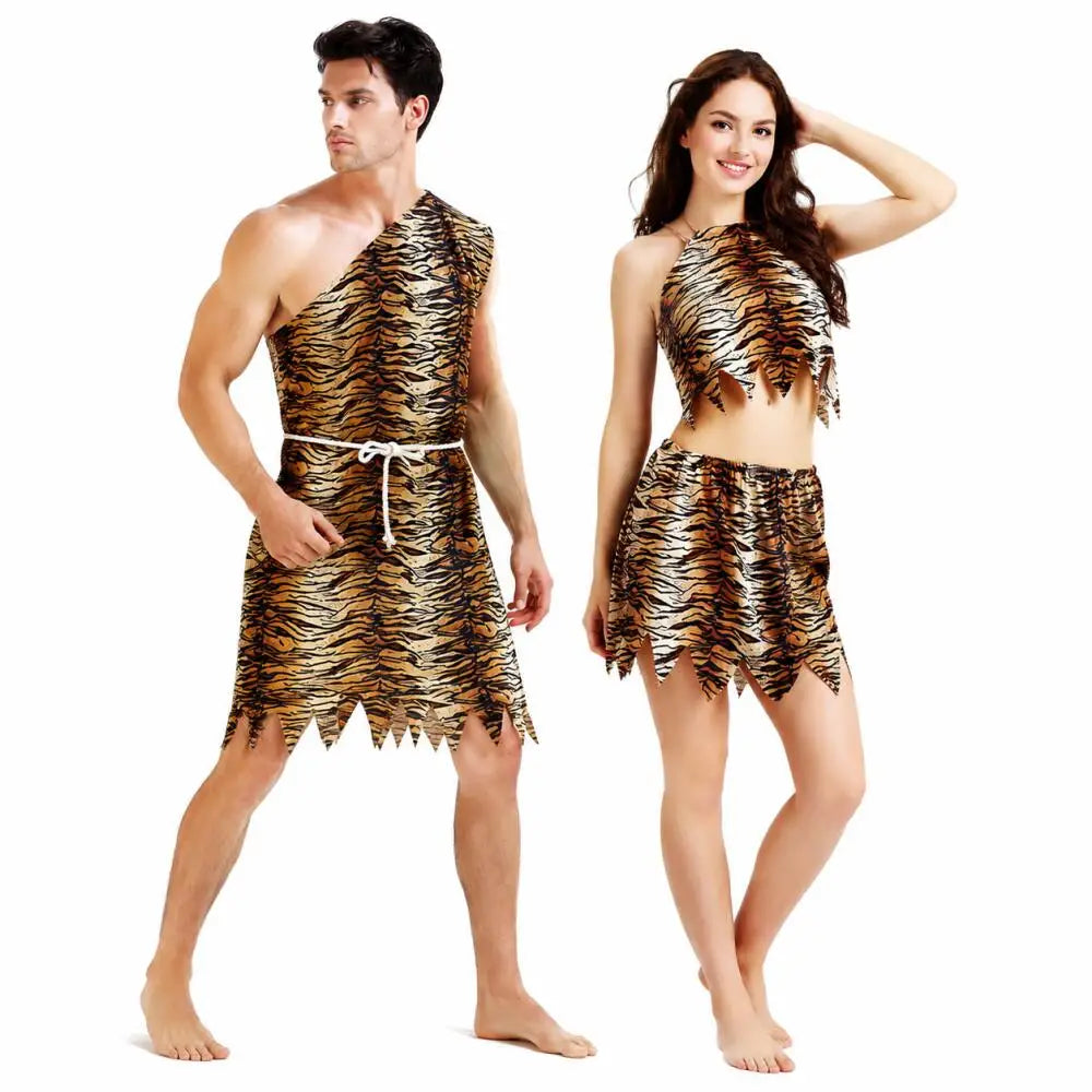 Unisex Caveman Costume - Tiger Print Prehistoric Halloween Party Cosplay Outfit